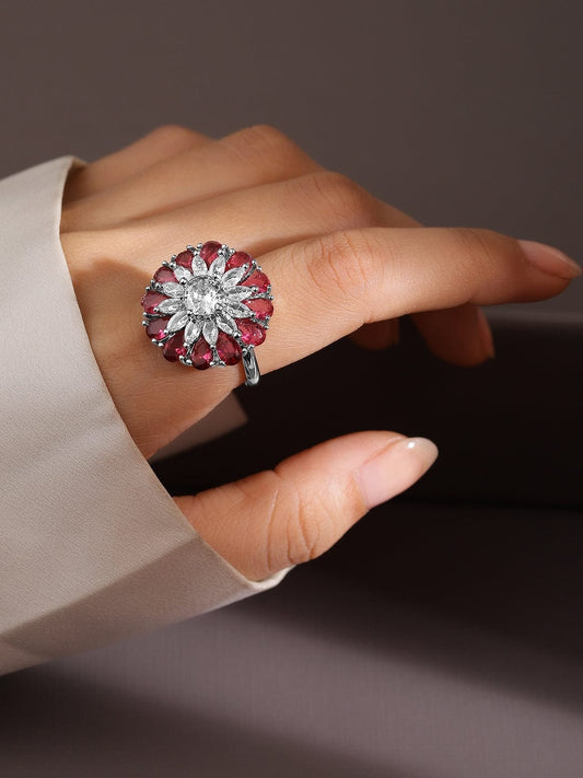 Floral Pink American Diamond Zirconia Ring Ruby Pink