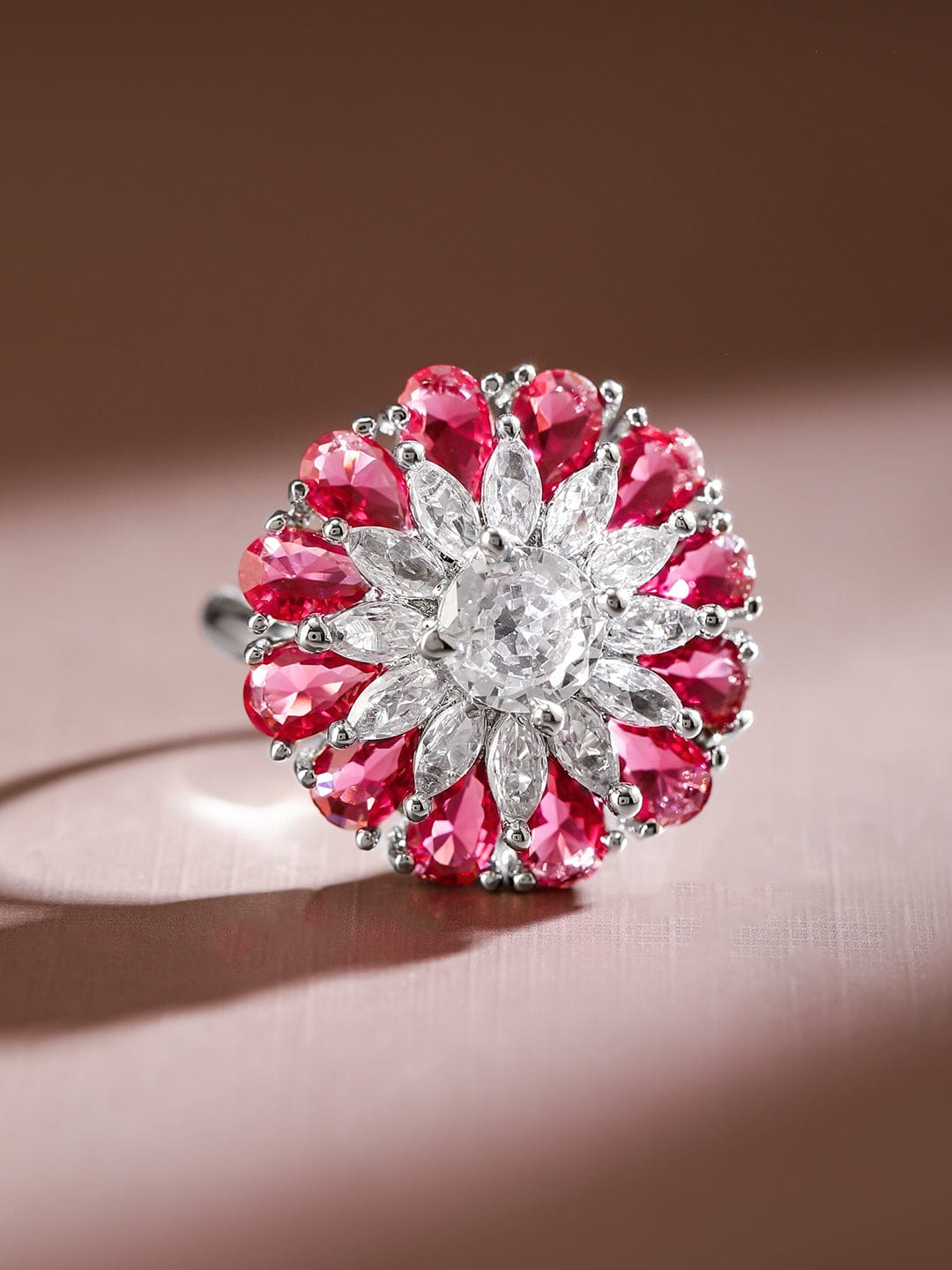 Floral Pink American Diamond Zirconia Ring Ruby Pink