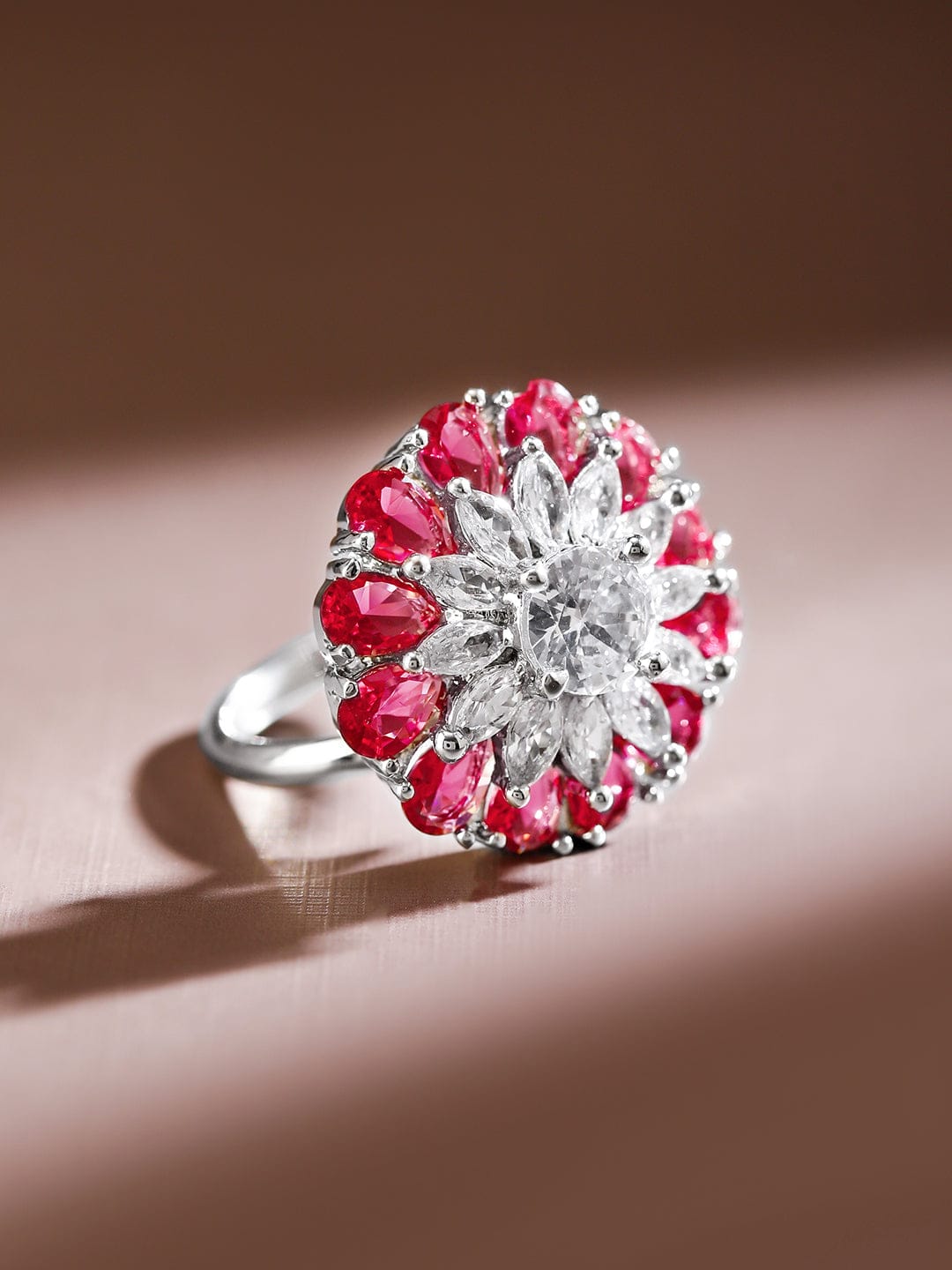 Floral Pink American Diamond Zirconia Ring Ruby Pink