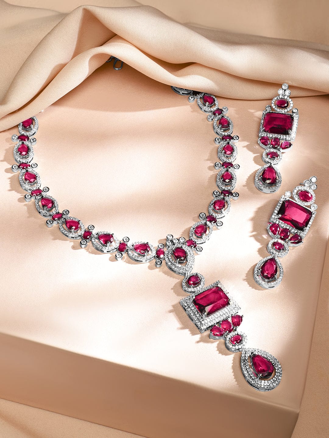 Ruby Pink American Diamond Zirconia Necklace Set Ruby Pink