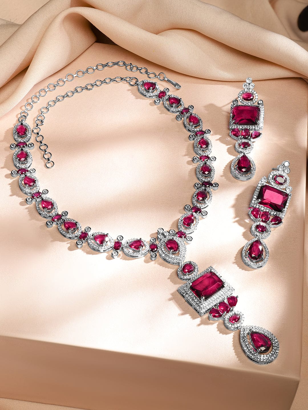 Ruby Pink American Diamond Zirconia Necklace Set Ruby Pink