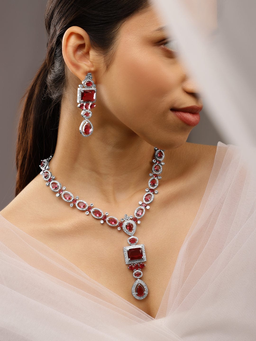 Ruby Pink American Diamond Zirconia Necklace Set Ruby Pink
