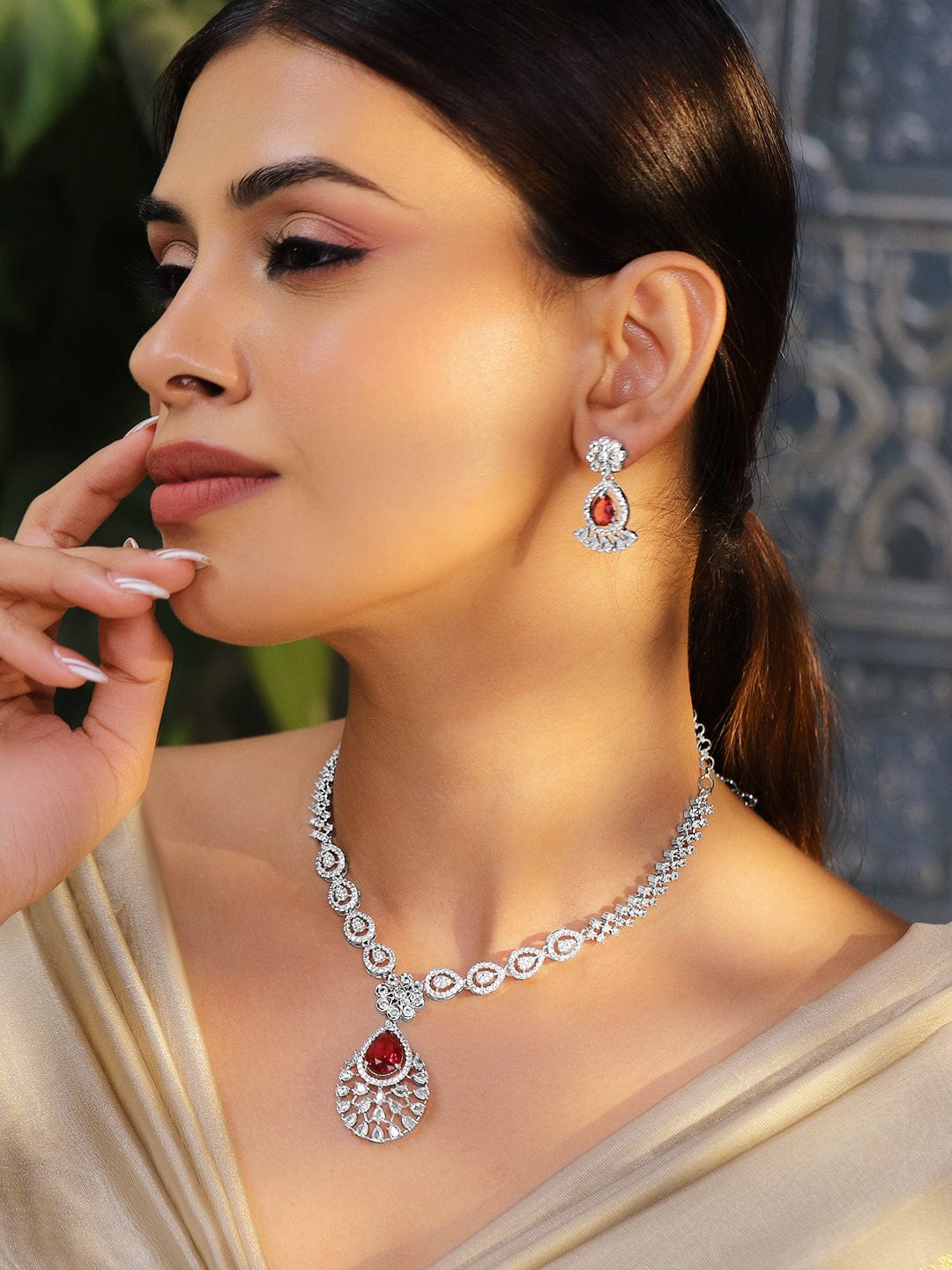 American Diamond Zirconia Red Necklace Set Ruby Red
