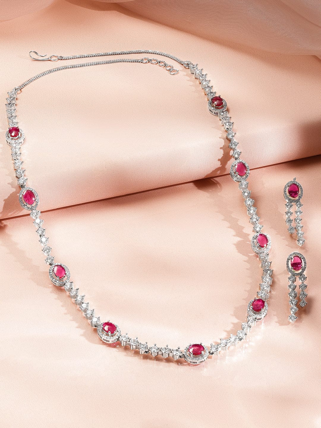 Red American Diamond Zirconia Long Necklace Set フリーサイズ