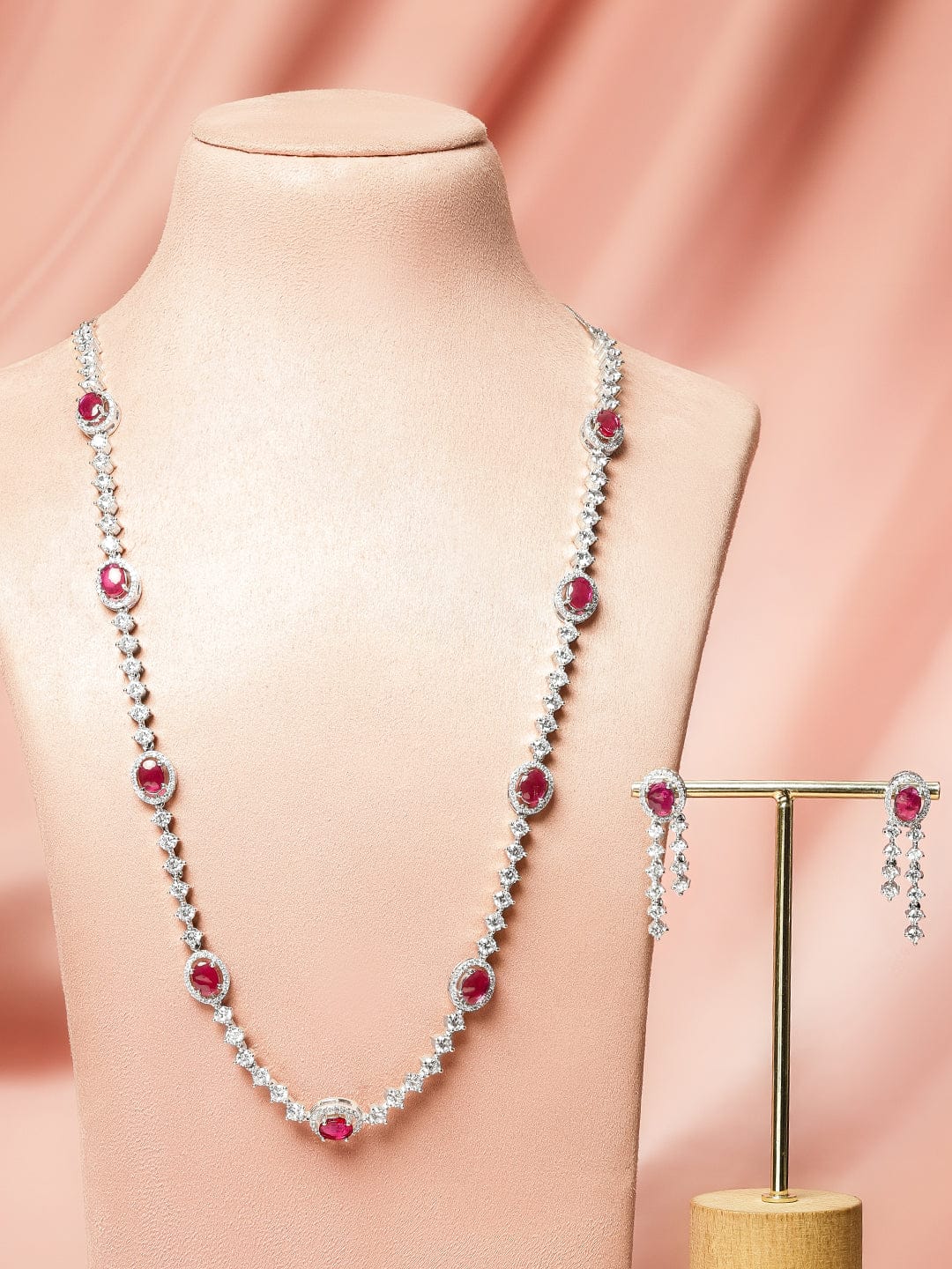 Red American Diamond Zirconia Long Necklace Set フリーサイズ