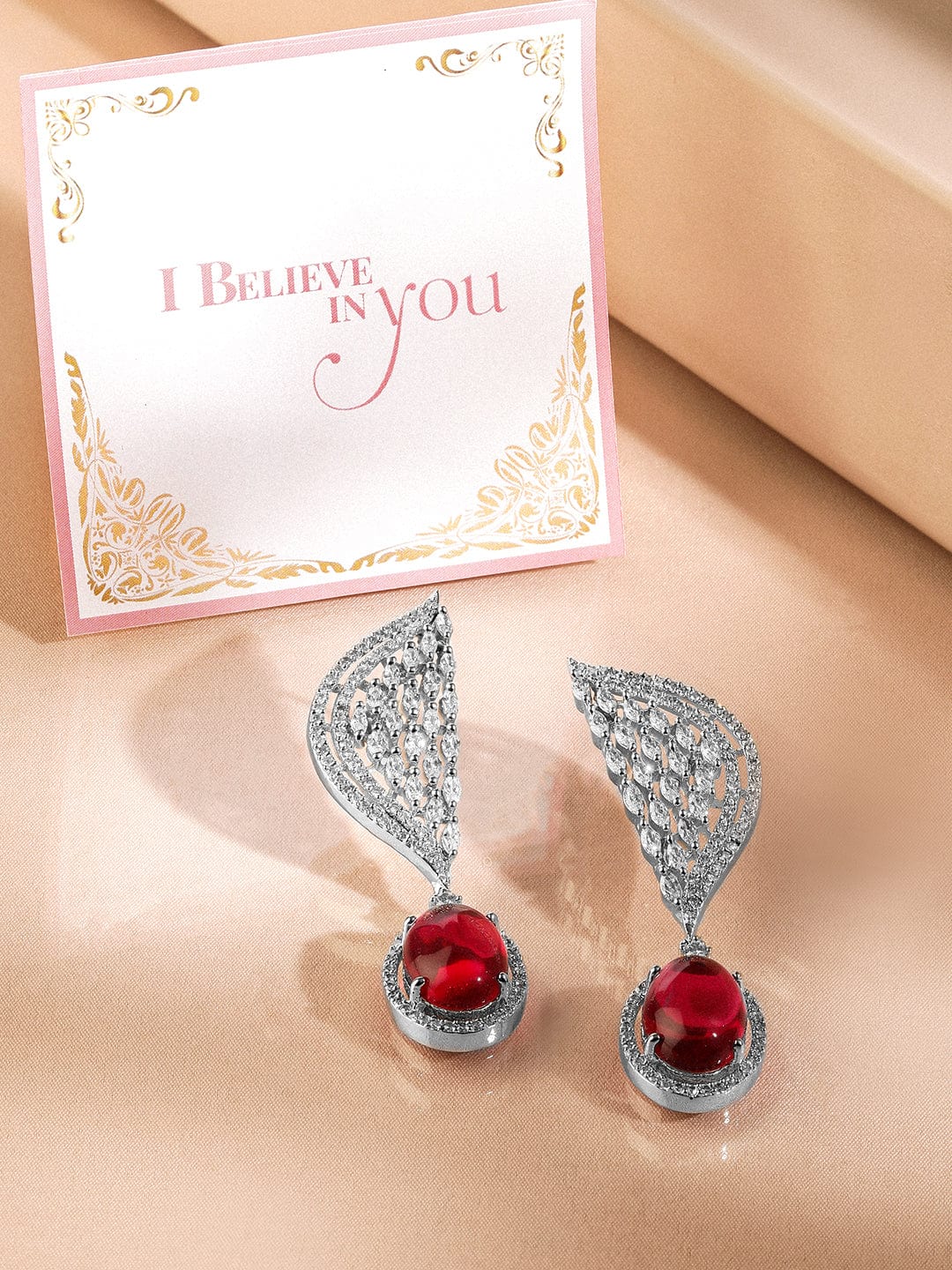 Sleek Scarlet Tone American Diamond Zirconia Danglers Red