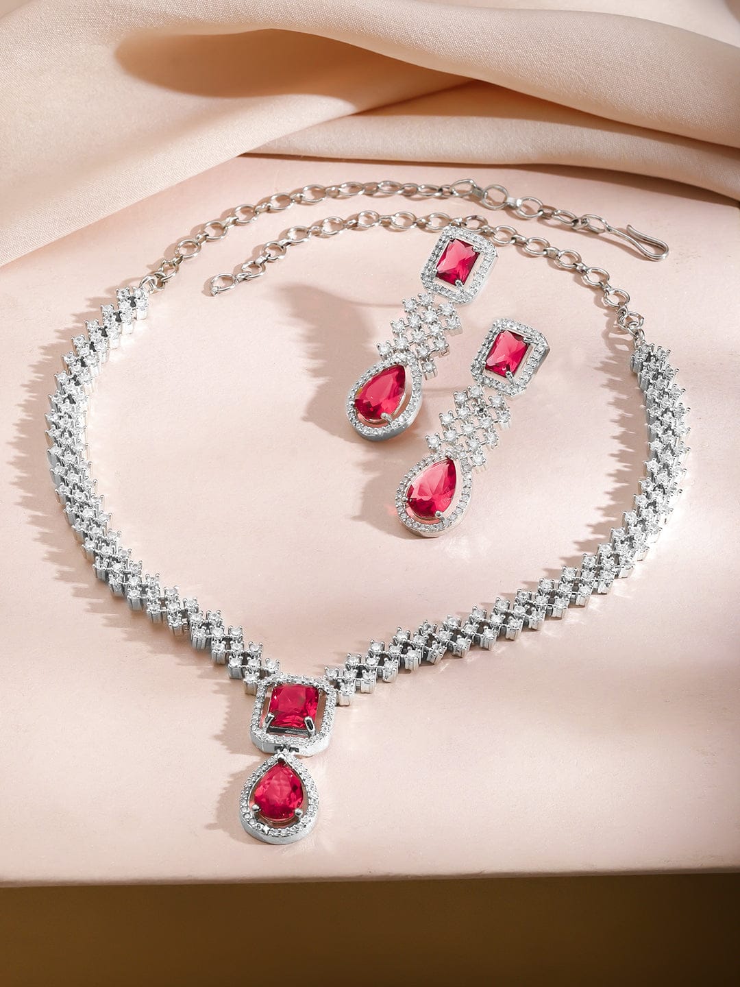 American Diamond Zirconia Ruby Accented Necklace Set フリーサイズ