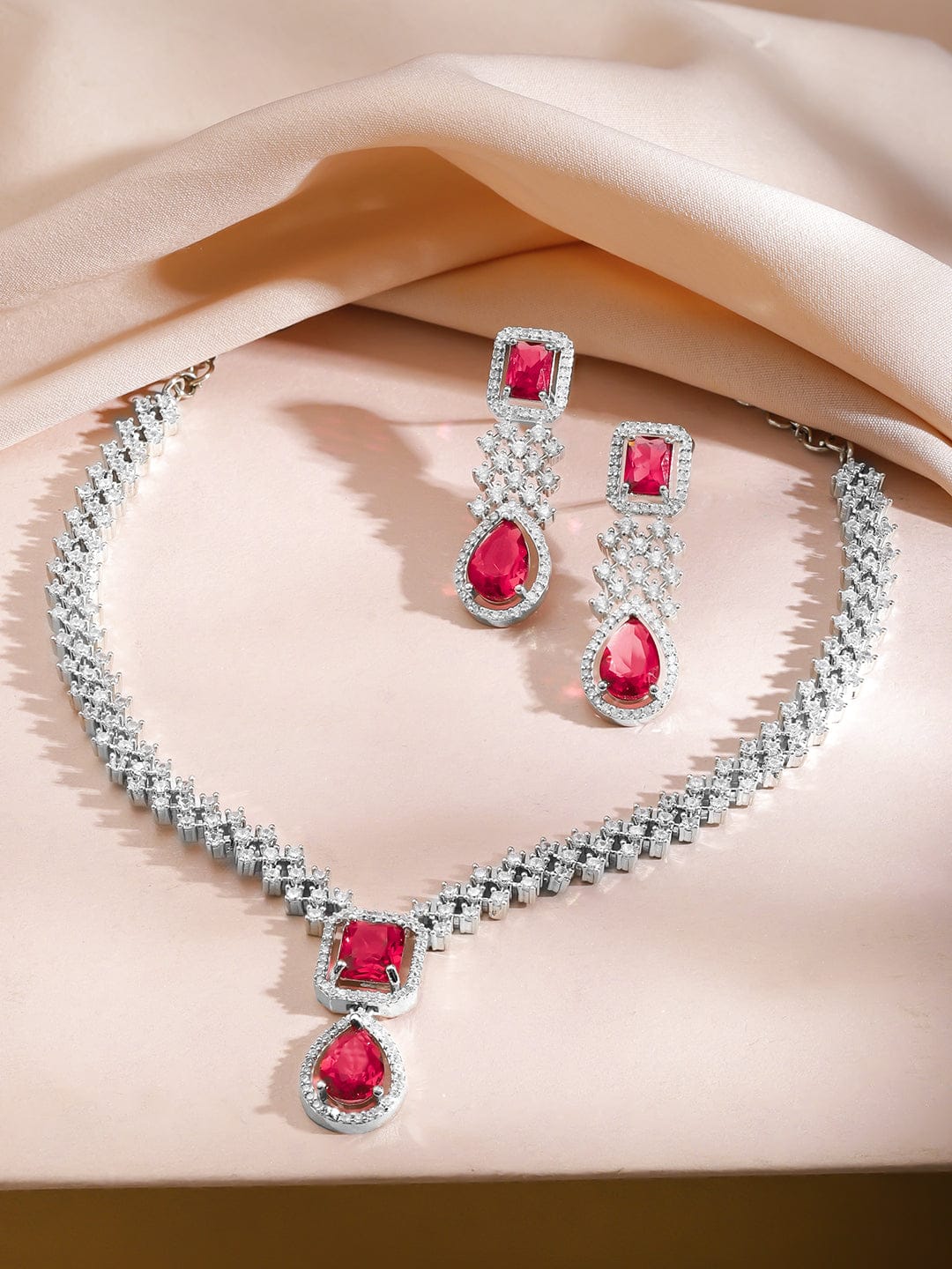 American Diamond Zirconia Ruby Accented Necklace Set フリーサイズ