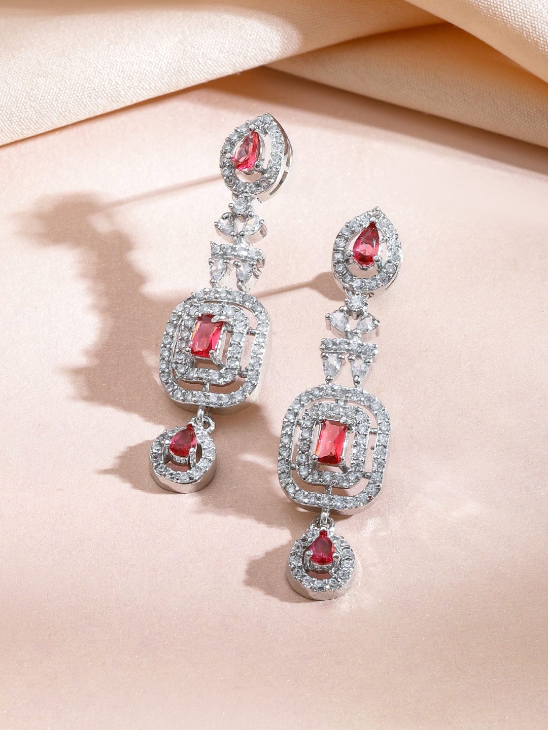 American Diamond Zirconia Red Teardrop Necklace Set フリーサイズ