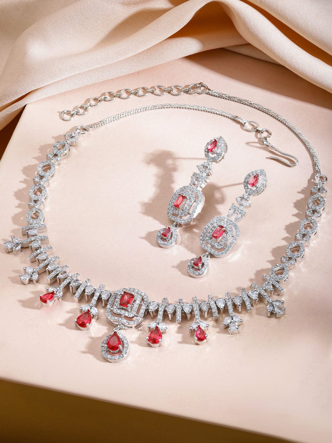 American Diamond Zirconia Red Teardrop Necklace Set フリーサイズ