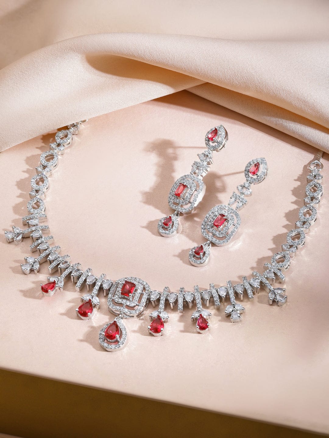 American Diamond Zirconia Red Teardrop Necklace Set フリーサイズ