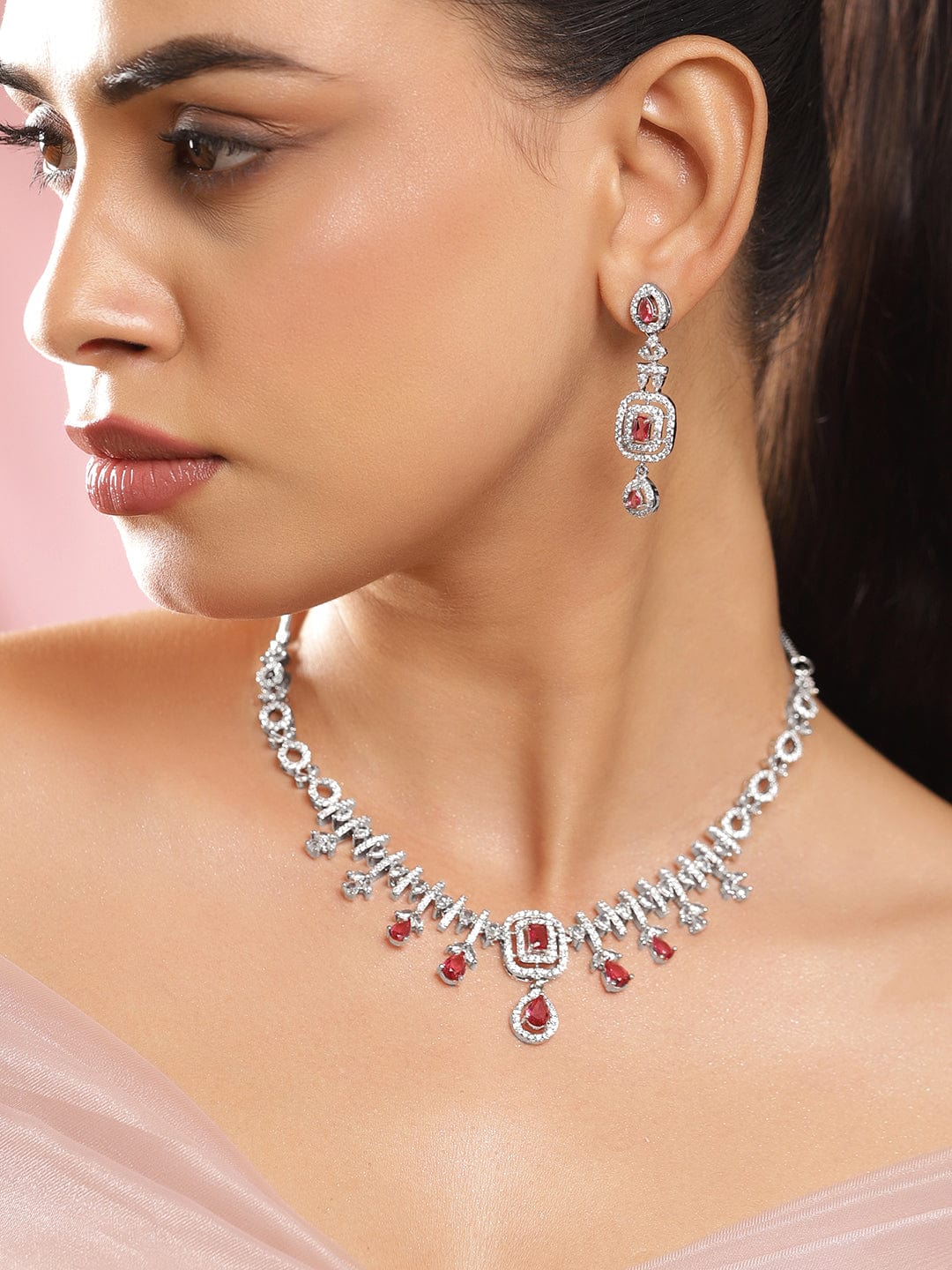 American Diamond Zirconia Red Teardrop Necklace Set フリーサイズ