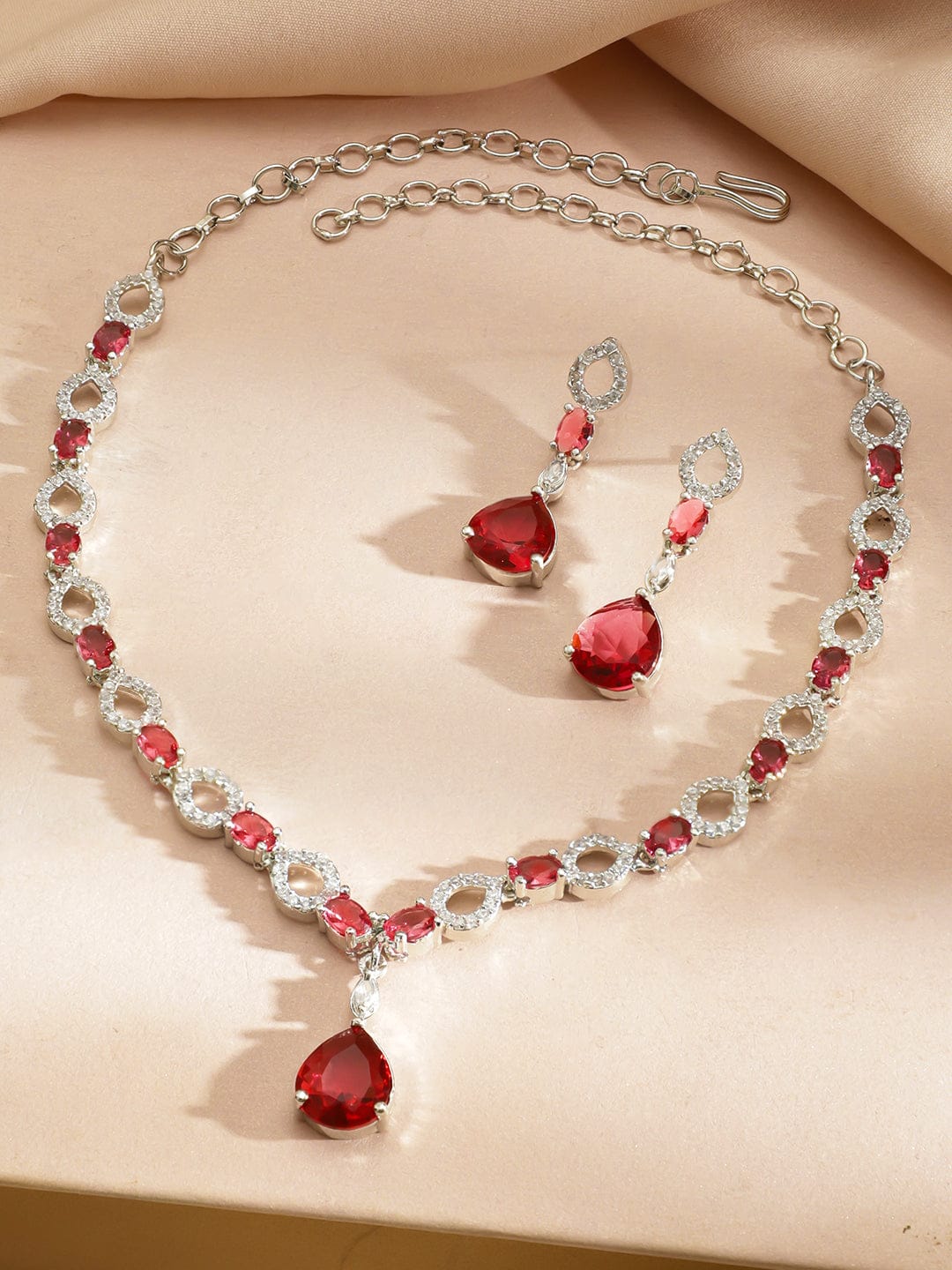 American Diamond Zirconia Ruby Drop Necklace Set フリーサイズ