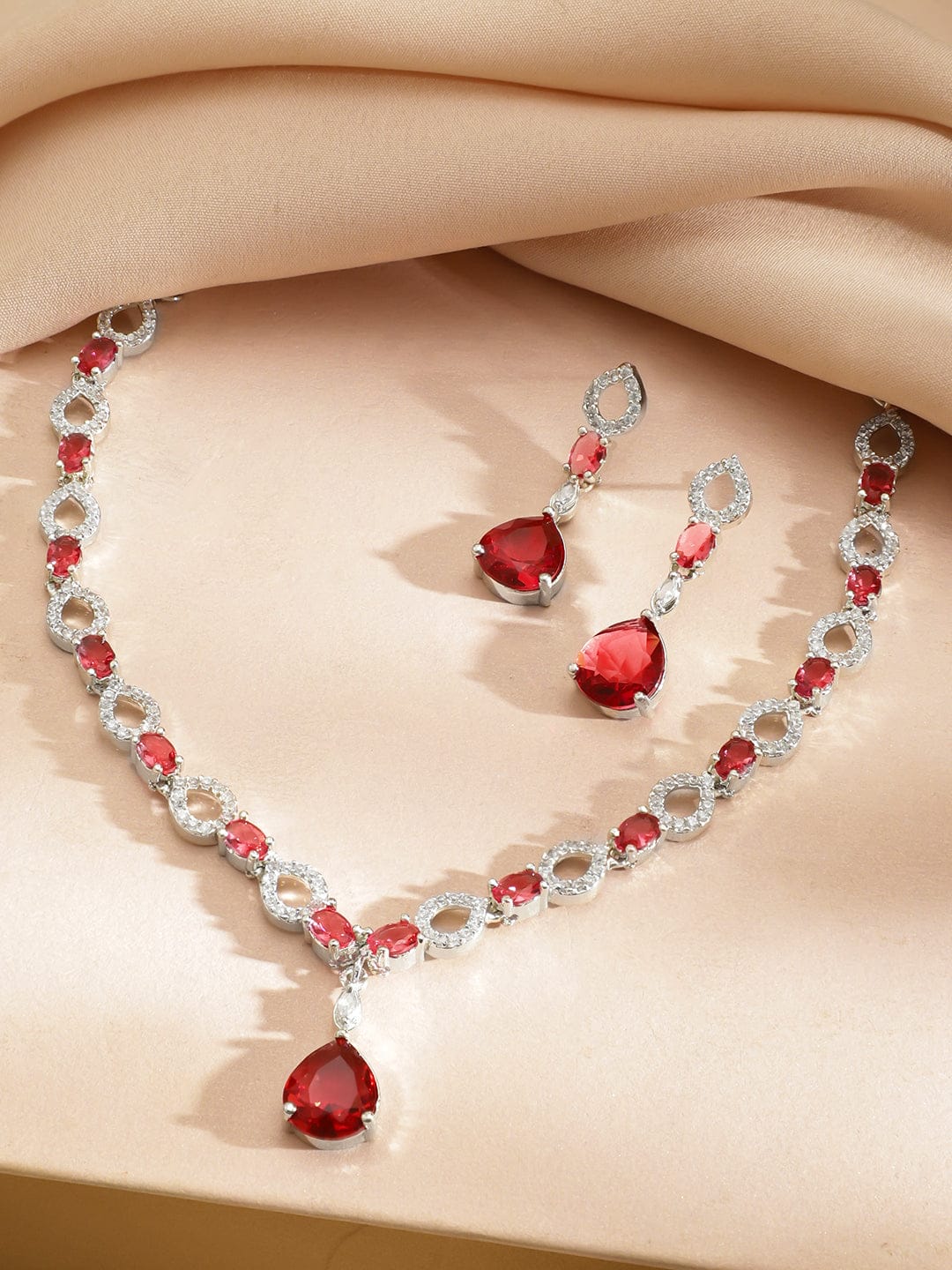 American Diamond Zirconia Ruby Drop Necklace Set フリーサイズ