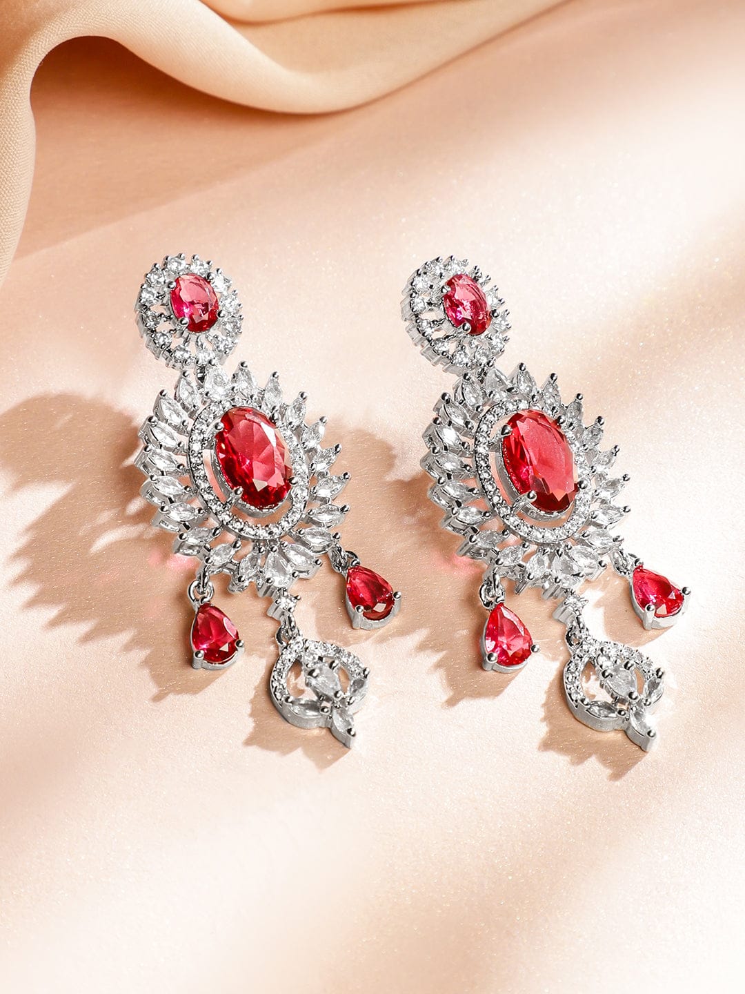 Red American Diamond Zirconia Sunburst Necklace Set Red