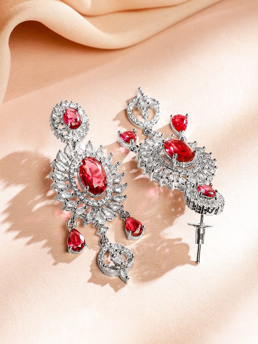 Red American Diamond Zirconia Sunburst Necklace Set Red