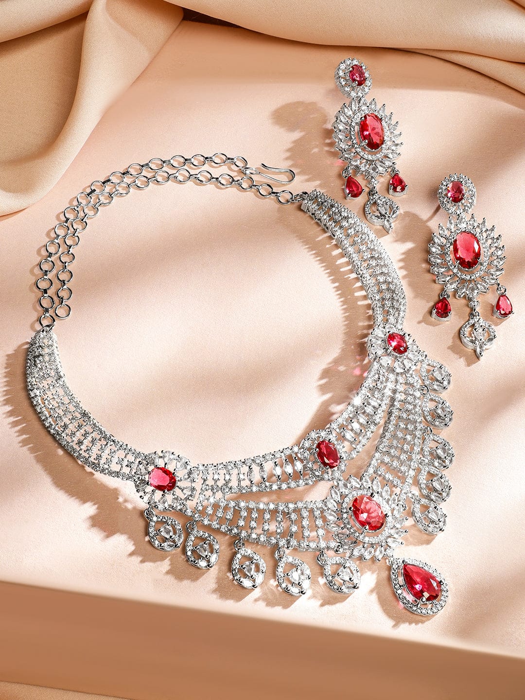 Red American Diamond Zirconia Sunburst Necklace Set Red