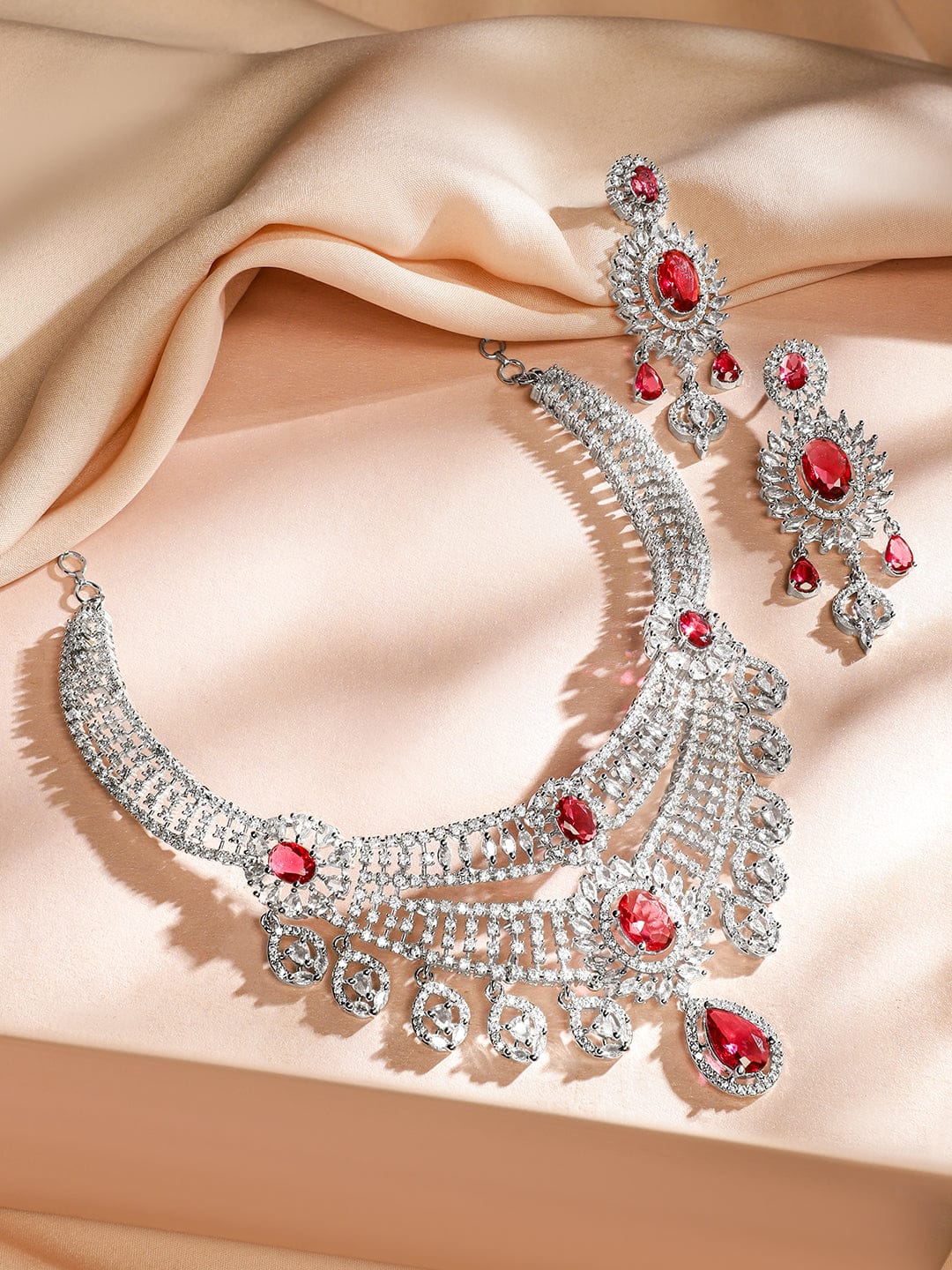 Red American Diamond Zirconia Sunburst Necklace Set Red