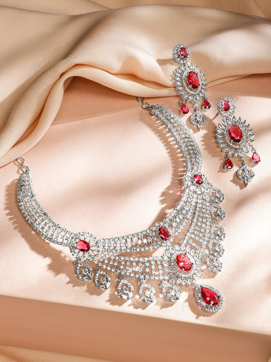 Red American Diamond Zirconia Sunburst Necklace Set Red