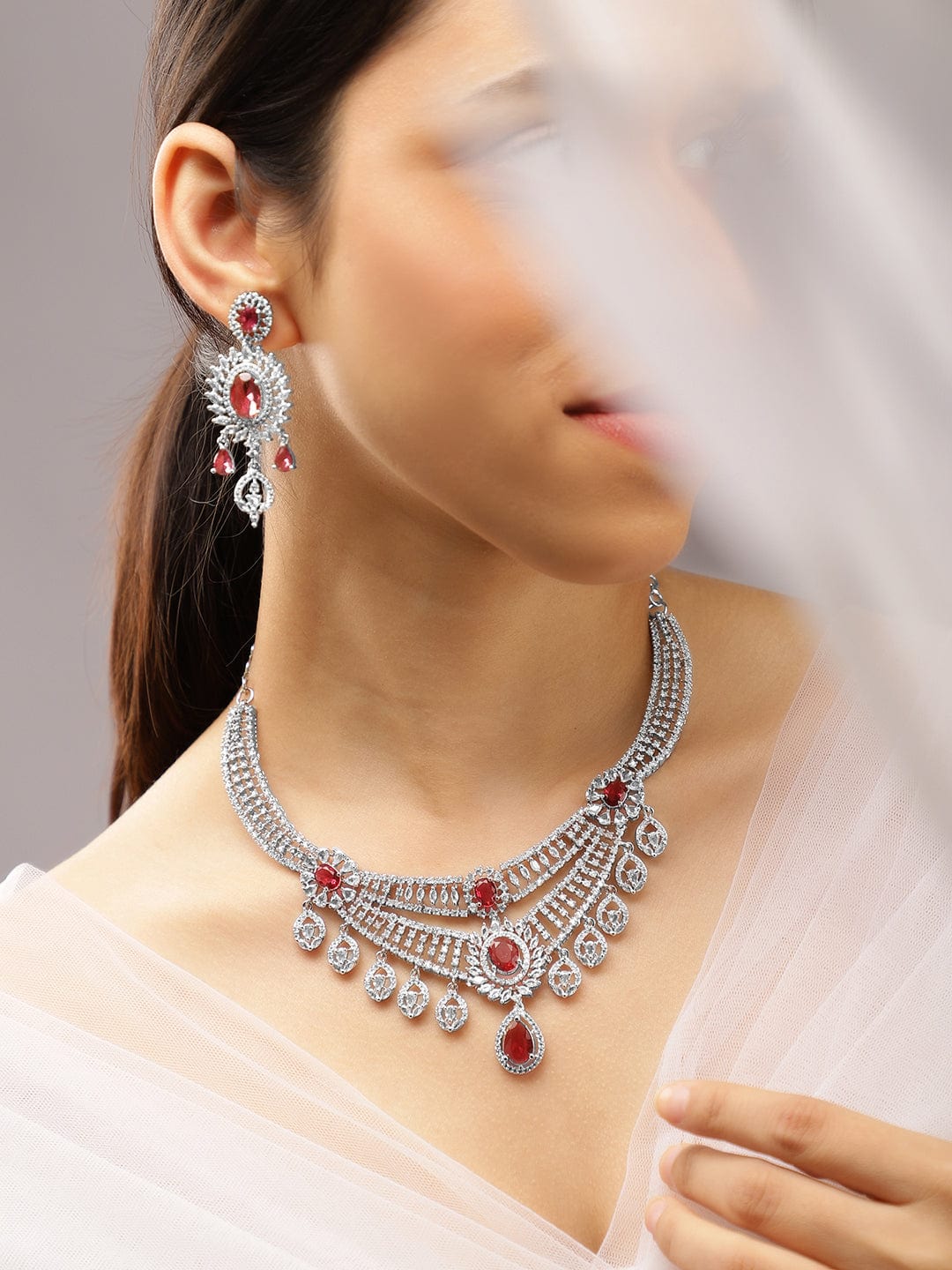 Red American Diamond Zirconia Sunburst Necklace Set Red