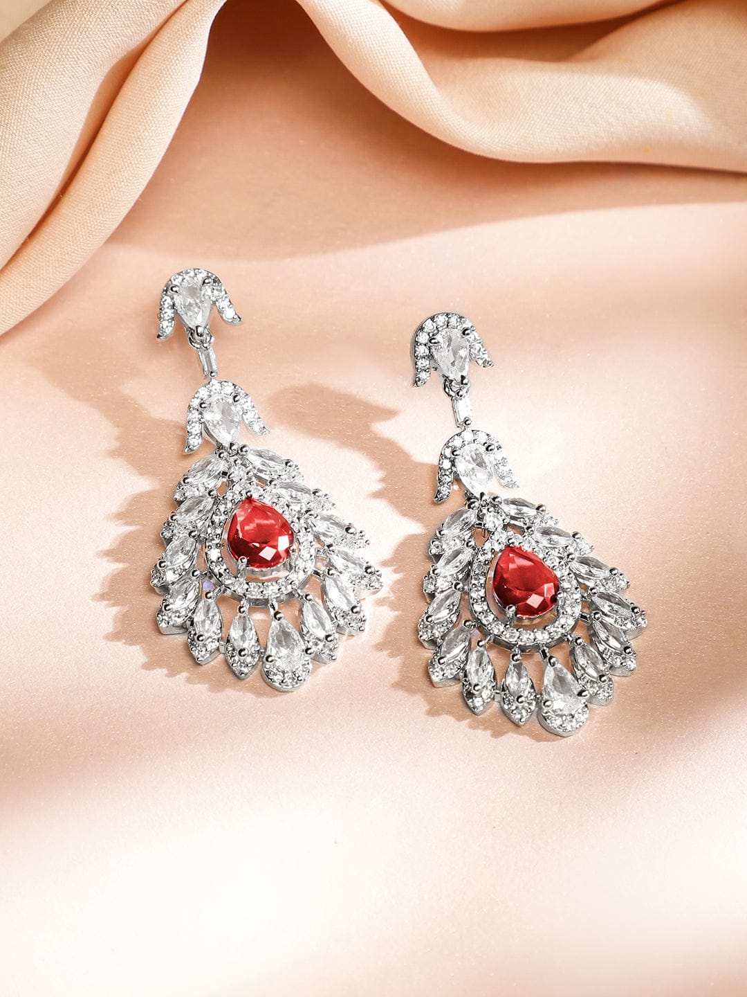 American Diamond Zirconia Drop Necklace Set Red