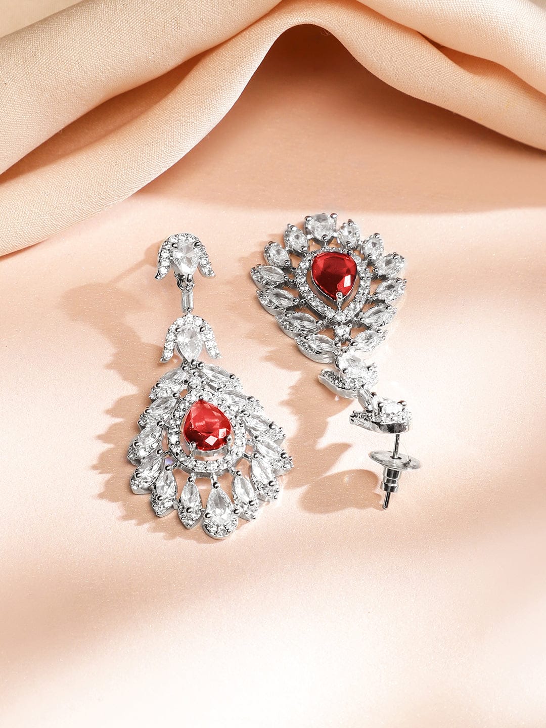 American Diamond Zirconia Drop Necklace Set Red