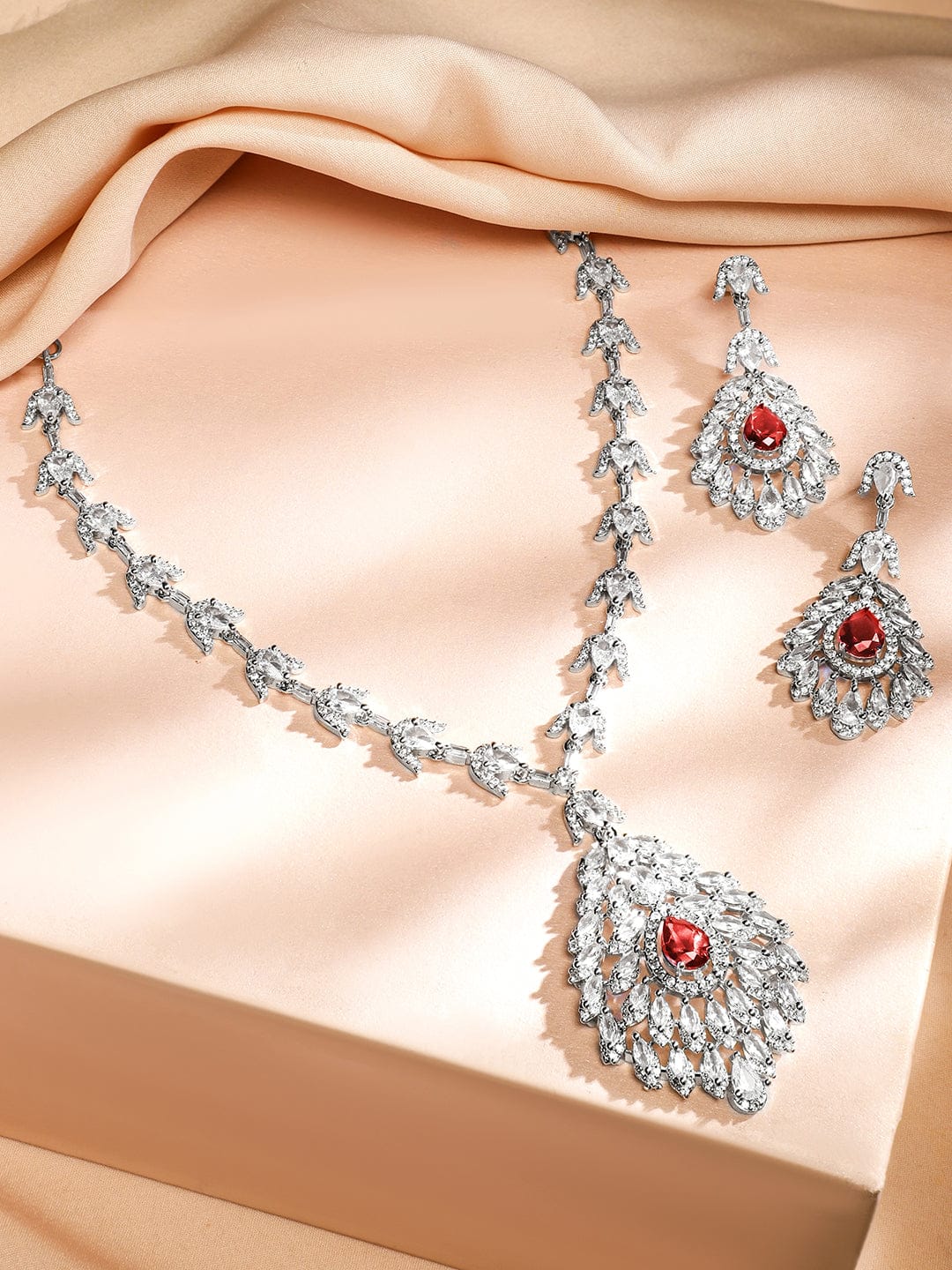 American Diamond Zirconia Drop Necklace Set Red