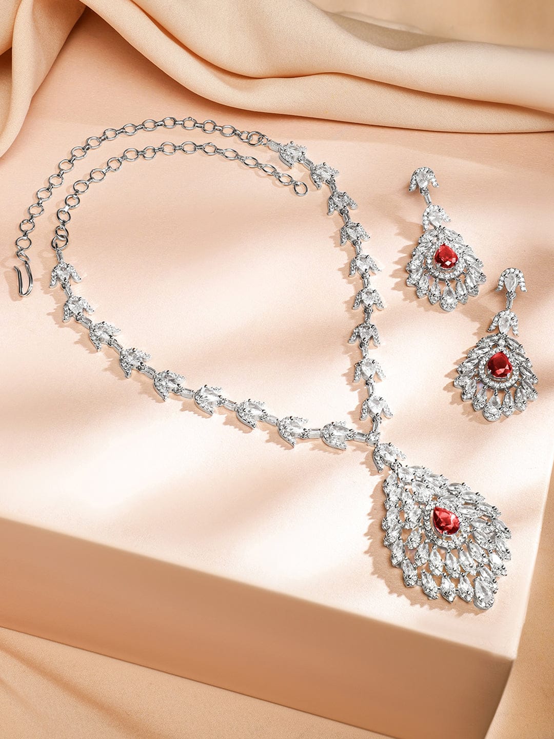 American Diamond Zirconia Drop Necklace Set Red