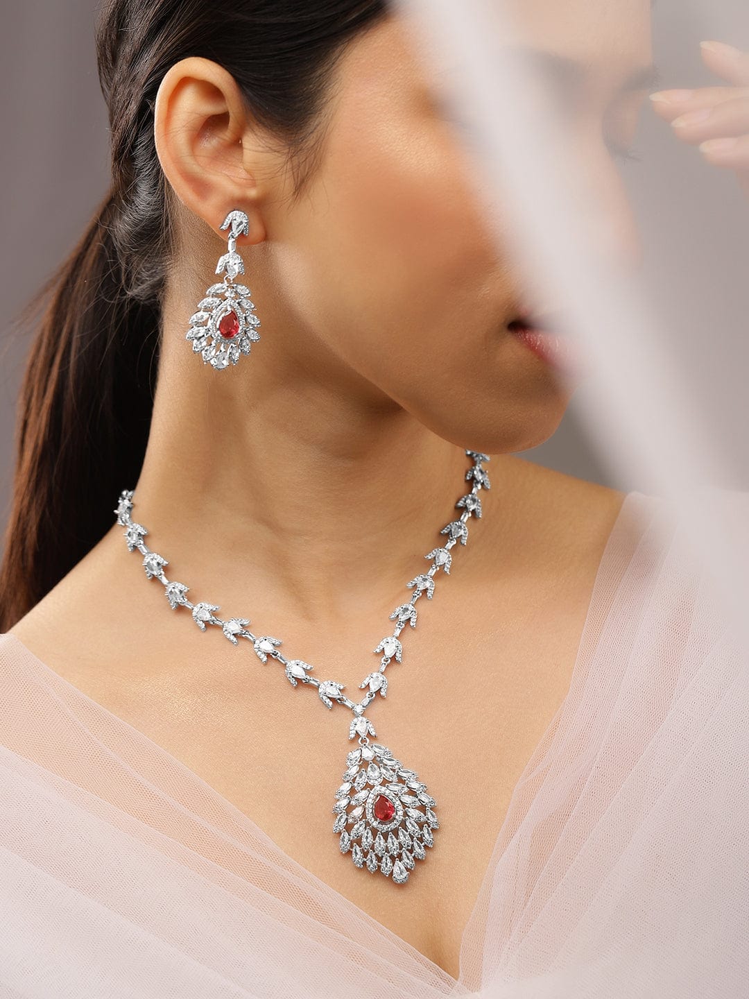 American Diamond Zirconia Drop Necklace Set Red