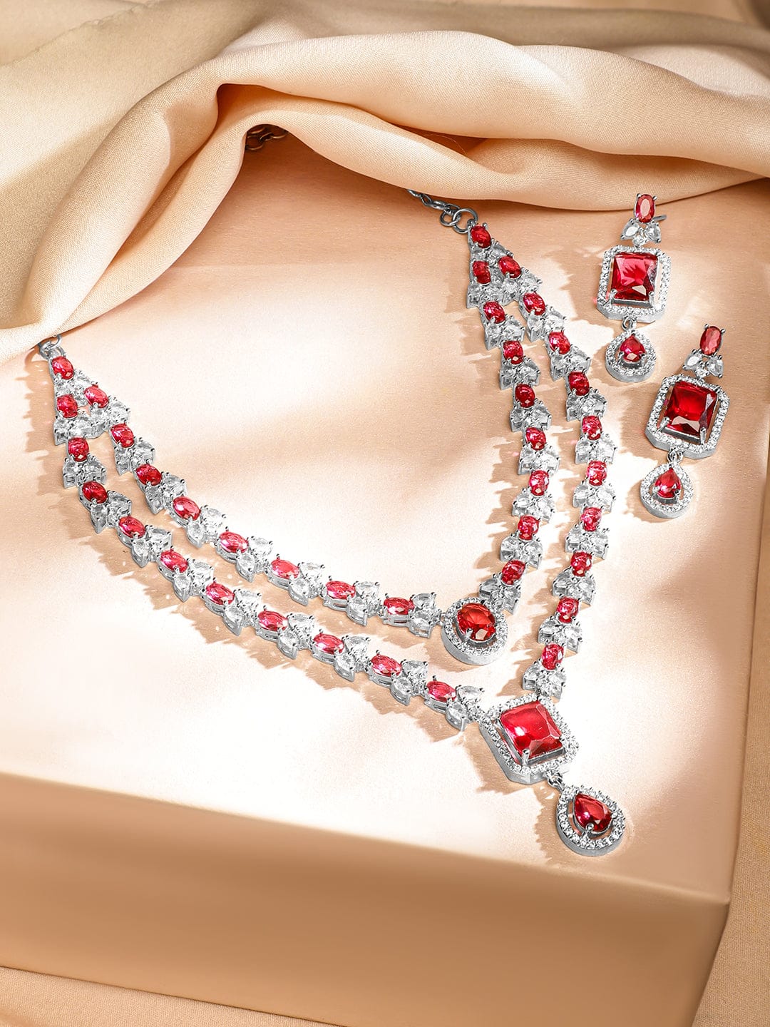 American Diamond Zirconia Ruby Layered Necklace Set Red