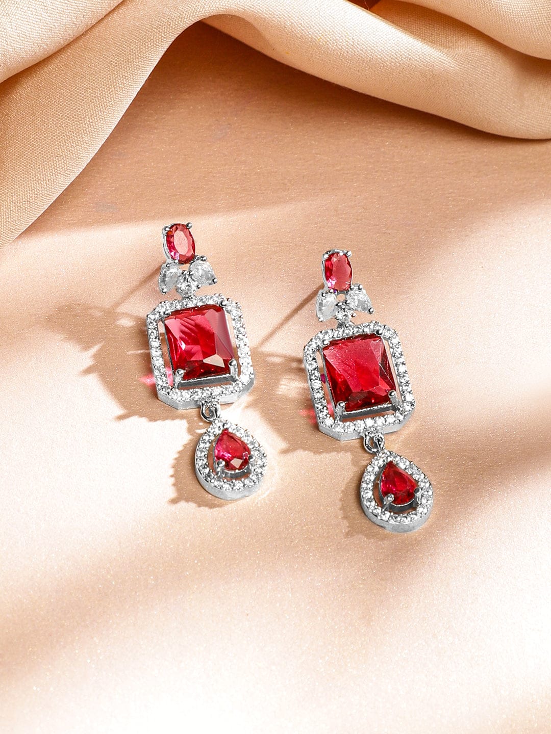 American Diamond Zirconia Ruby Layered Necklace Set Red