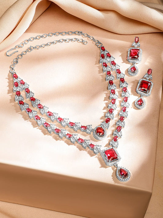 American Diamond Zirconia Ruby Layered Necklace Set Red