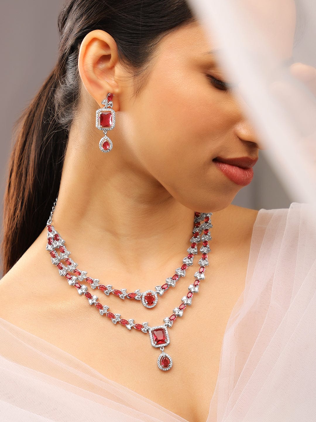 American Diamond Zirconia Ruby Layered Necklace Set Red