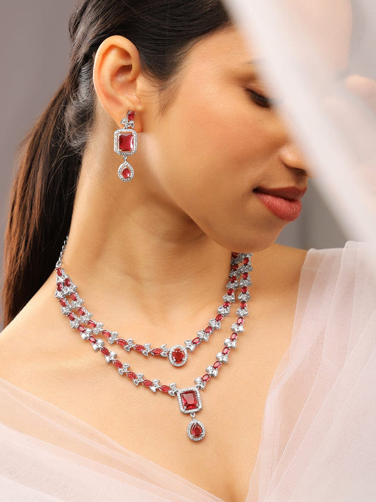 American Diamond Zirconia Ruby Layered Necklace Set Red