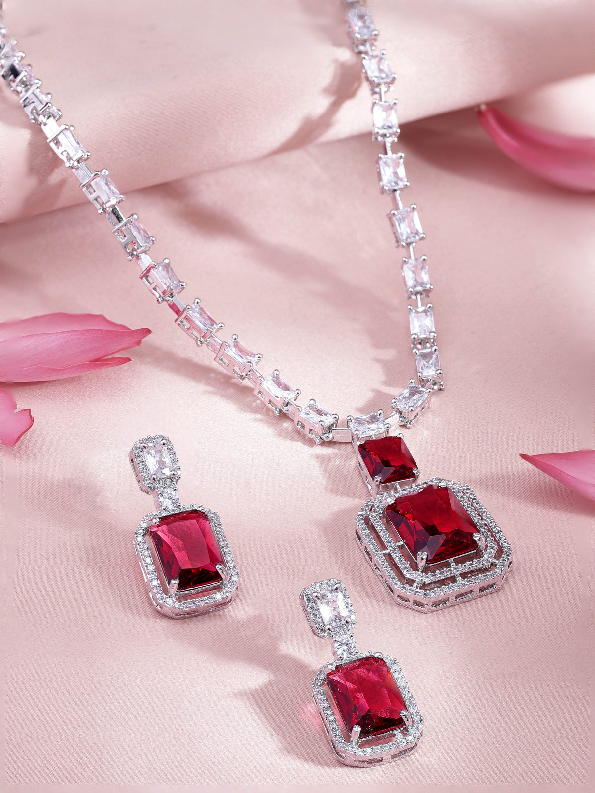 American Diamond Zirconia Ruby Red Necklace Set Red
