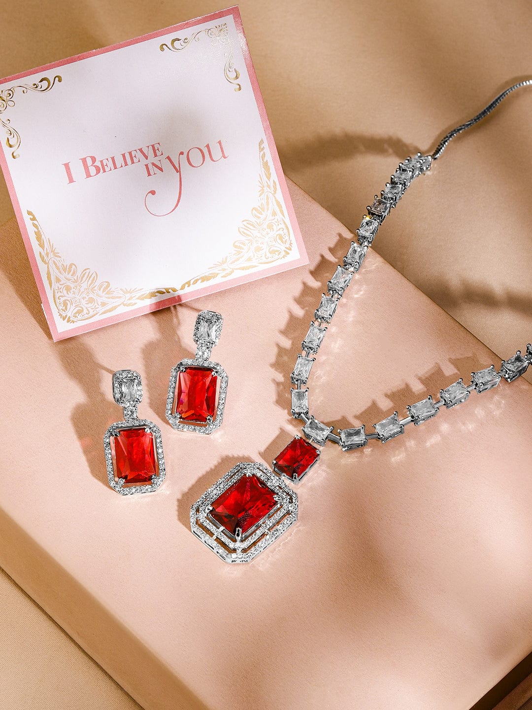 American Diamond Zirconia Ruby Red Necklace Set Red