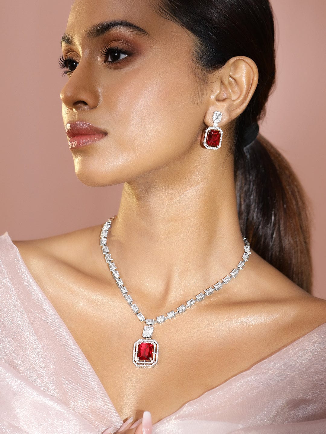 American Diamond Zirconia Ruby Red Necklace Set Red