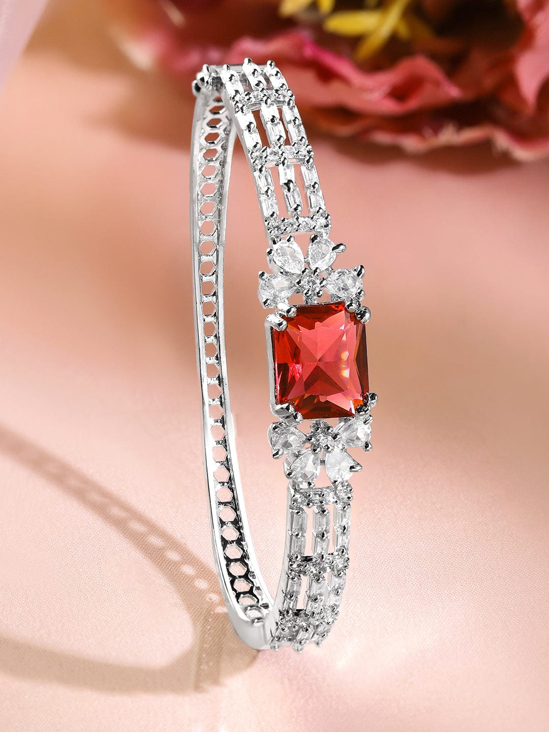 Rubans Rhodium-Plated Ruby Red & White Cubic Zirconia Studded Statement Bracelet ruby