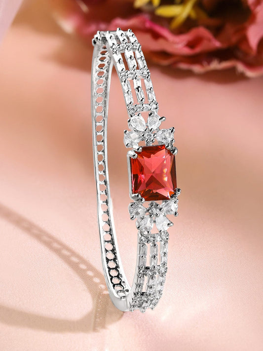 Rubans Rhodium-Plated Ruby Red & White Cubic Zirconia Studded Statement Bracelet ruby