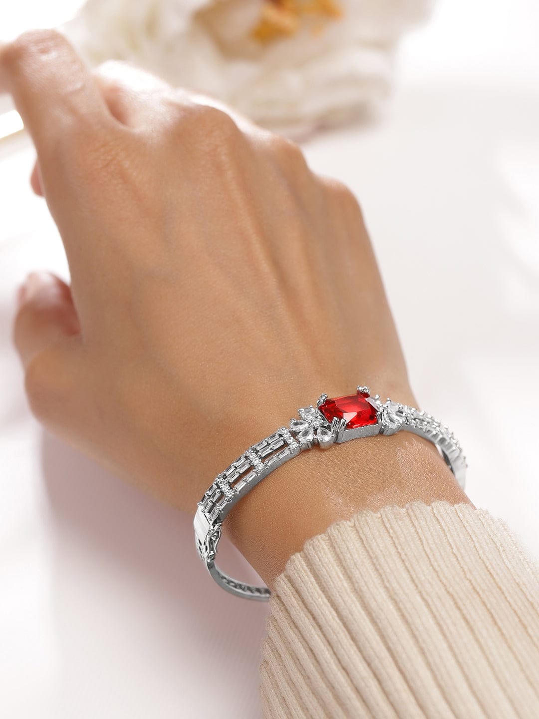 Rubans Rhodium-Plated Ruby Red & White Cubic Zirconia Studded Statement Bracelet ruby