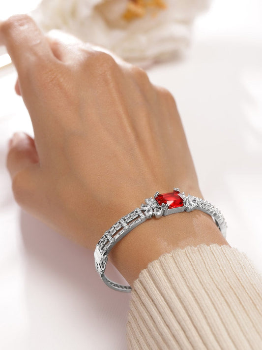 Rubans Rhodium-Plated Ruby Red & White Cubic Zirconia Studded Statement Bracelet ruby