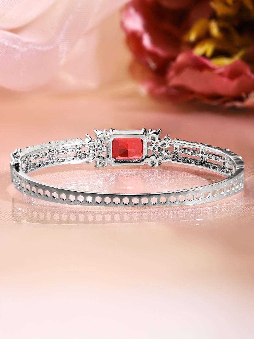 Rubans Rhodium-Plated Ruby Red & White Cubic Zirconia Studded Statement Bracelet ruby