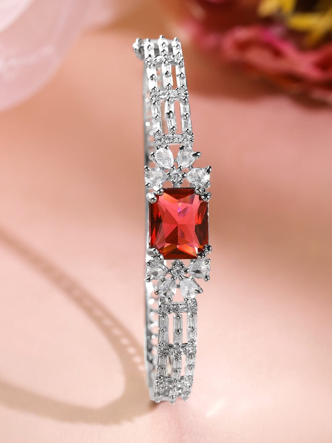 Rubans Rhodium-Plated Ruby Red & White Cubic Zirconia Studded Statement Bracelet ruby