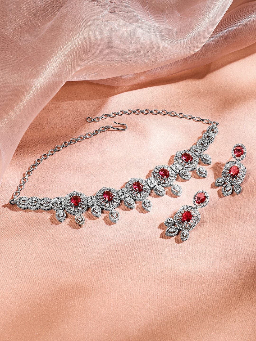 Ruby Studded American Diamond Zirconia Choker Set Ruby Red
