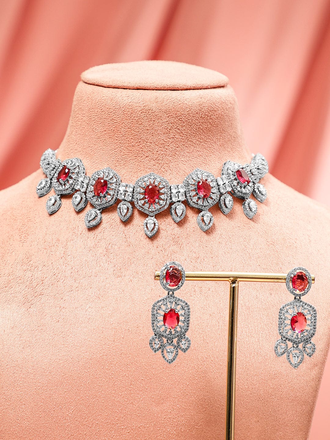 Ruby Studded American Diamond Zirconia Choker Set Ruby Red