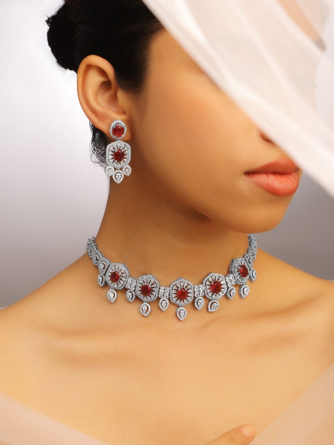 Ruby Studded American Diamond Zirconia Choker Set Ruby Red