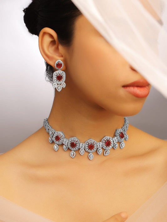 Ruby Studded American Diamond Zirconia Choker Set Ruby Red