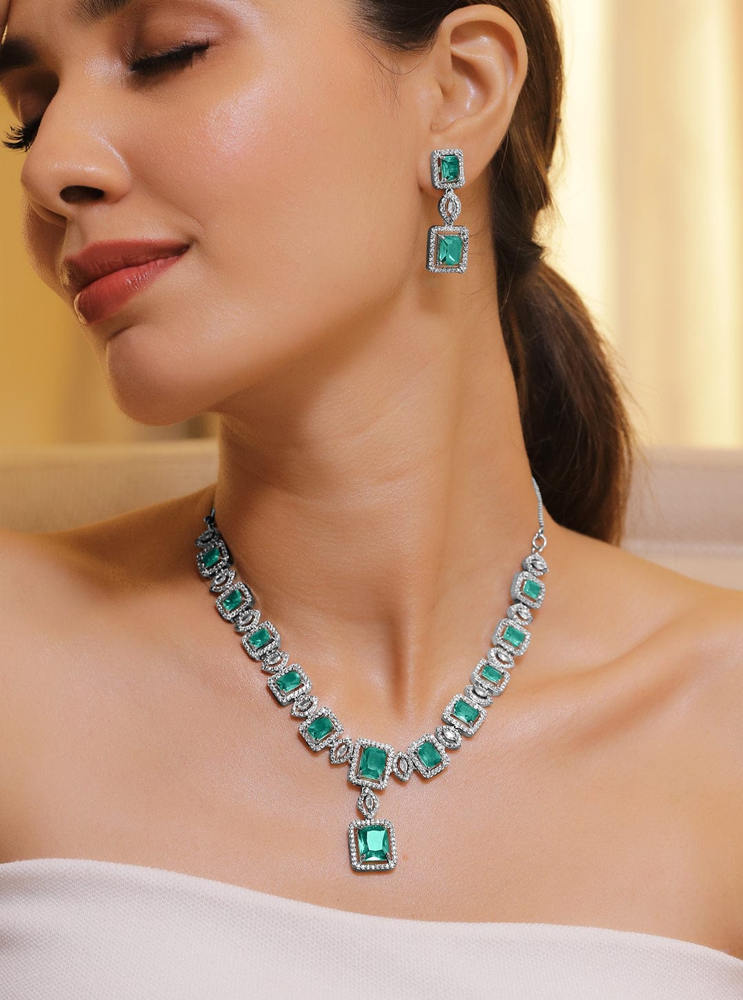 Emerald Cut American Diamond Zirconia Necklace Set フリーサイズ