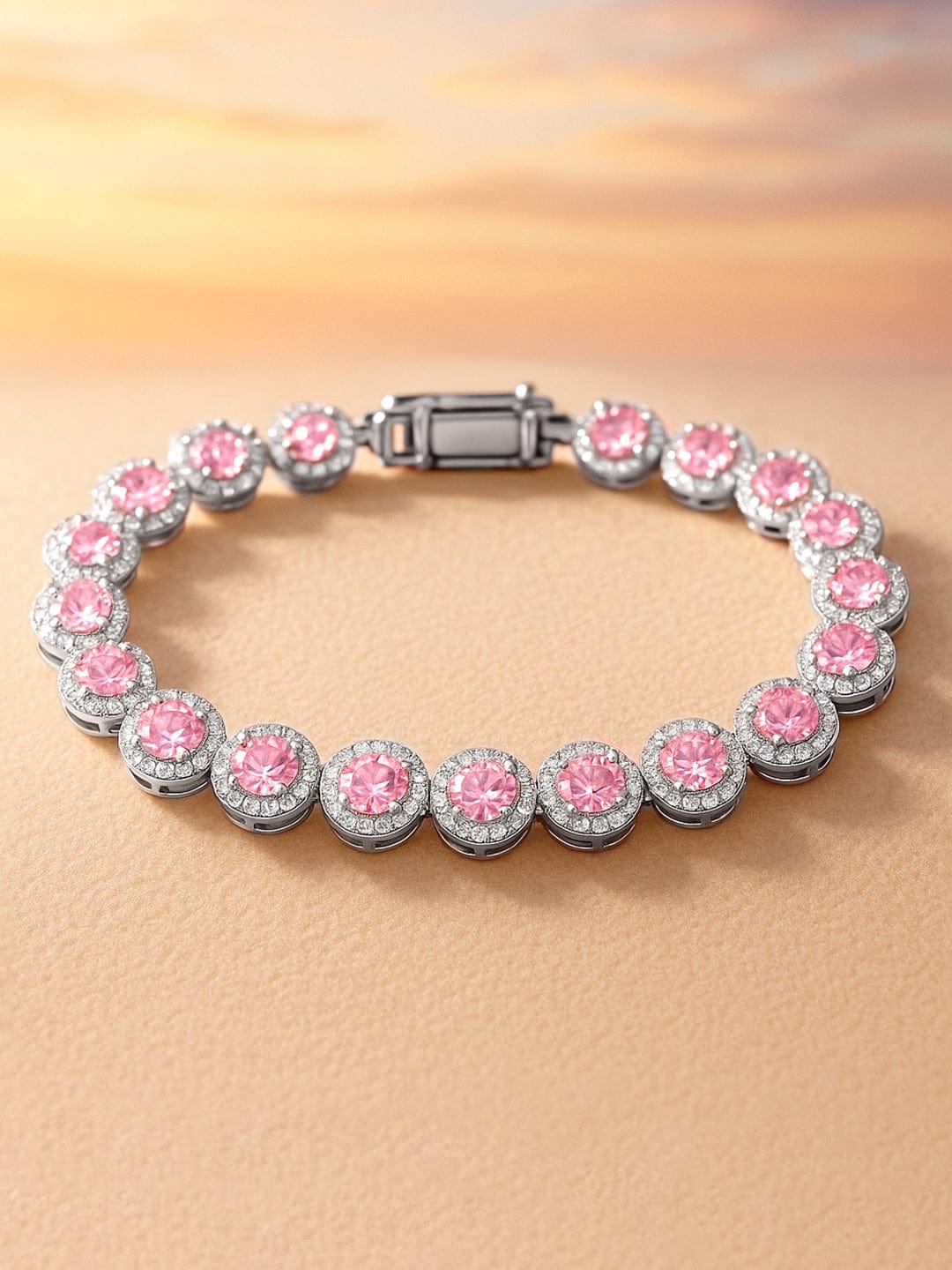 Rubans Rhodium Plated Sparkling pink round-cut Cubic Zirconia Studded Premium Tennis Bracelet Silver