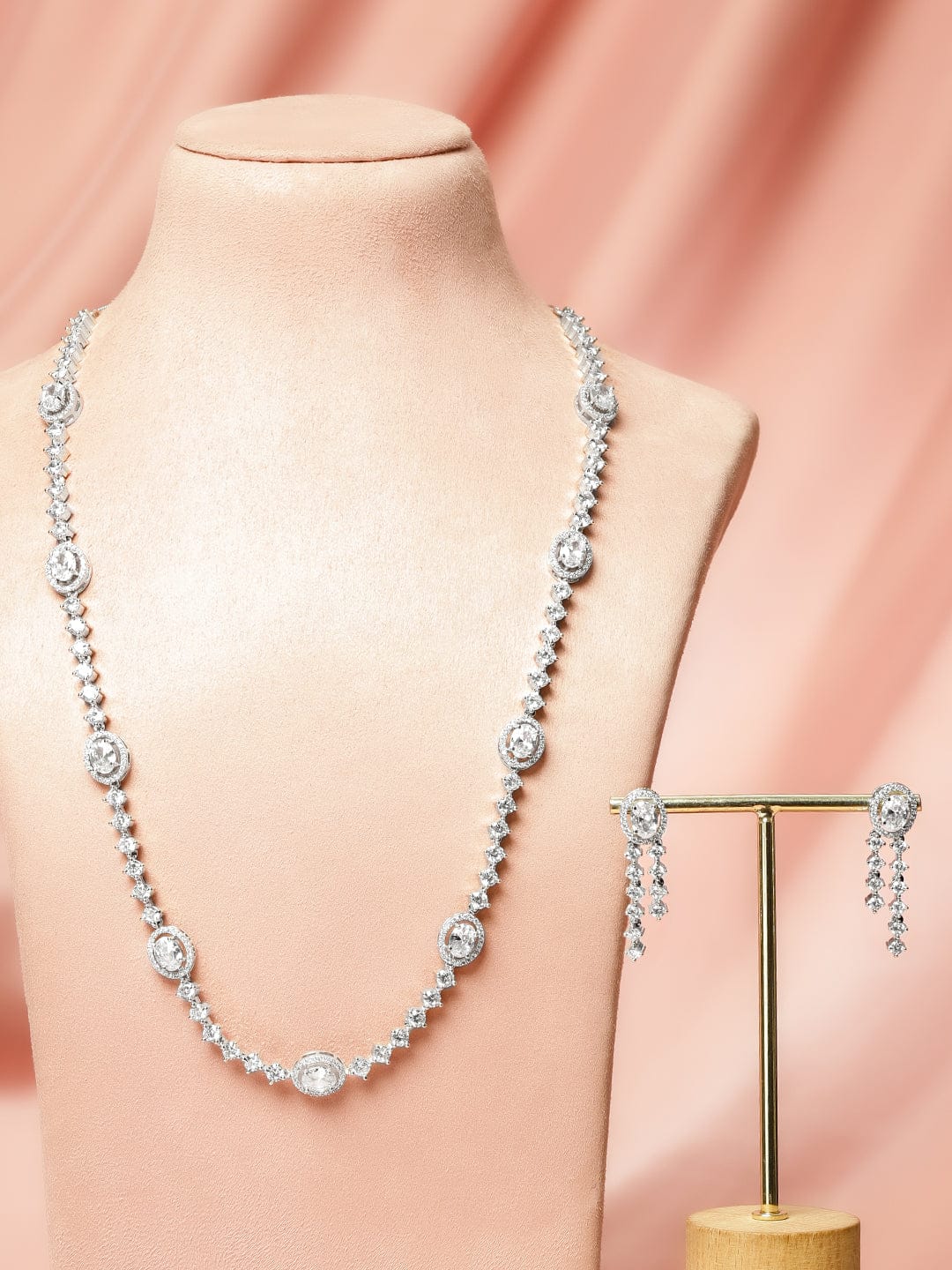 American Diamond Zirconia Sparkling Long Necklace Set フリーサイズ